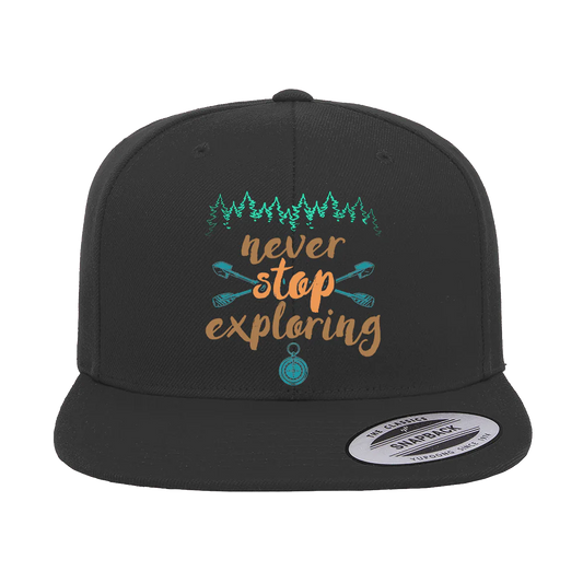 Never Stop Exploring Printed Flat Bill Cap